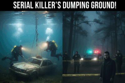 Một hình ảnh ghép phong cách phóng sự tội phạm: khung cảnh u ám tại một hồ nước ở ngoại ô Austin, Texas, bao quanh bởi rừng rậm và sương mù dày đặc. Ở góc trái, các thợ lặn đang trục vớt một chiếc xe hơi cũ rỉ sét từ dưới đáy hồ, ánh đèn vàng mờ chiếu xuyên qua làn nước đục. Bên phải, cảnh sát phong tỏa hiện trường với băng vàng “CRIME SCENE DO NOT CROSS”, phía sau là chiếc xe cảnh sát nhấp nháy đèn xanh đỏ. Xa xa, một người đàn ông mặc áo khoác tối màu, khuôn mặt lạnh lùng, đứng trong bóng tối – gợi lên hình ảnh của một kẻ sát nhân hàng loạt. Ở trên cùng, dòng chữ tiêu đề lớn: “Uncovering Austin’s Dark Secrets: Missing Persons, Stolen Cars, and Serial Killer’s Dumping Ground!”